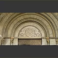 Scenic Ancient Stone Arch Landscape With Carved Decorations Circular Motifs And Reflections