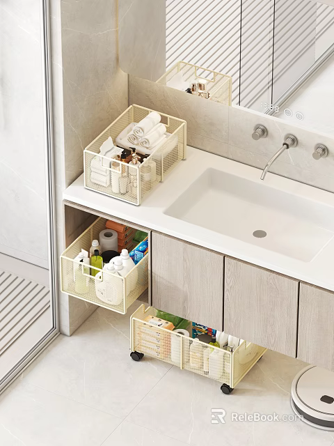 Bathroom Under Sink Storage With Organizer Boxes For Toiletries And Towels 3d model 