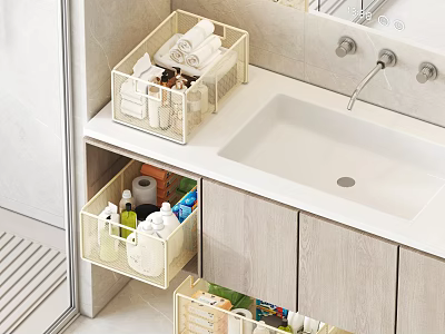 Bathroom Under Sink Storage With Organizer Boxes For Toiletries And Towels 3d model