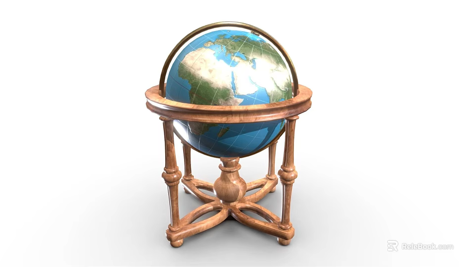 Vintage Globe Decorative Ornament Set With Wooden Carved Stand For Home Decor 3d model 