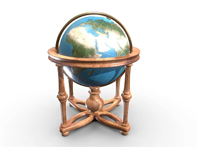 Vintage Globe Decorative Ornament Set With Wooden Carved Stand For Home Decor 3d model