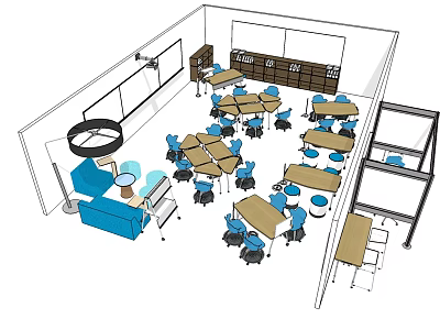 Meeting Tables Setup in Classroom with Blue Chairs Bookshelves and Whiteboard 3d model