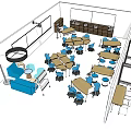 Meeting Tables Setup in Classroom with Blue Chairs Bookshelves and Whiteboard