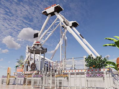 Thrilling Amusement Park Swing Ride With Blue Sky Clouds And Palm Leaves 3d model