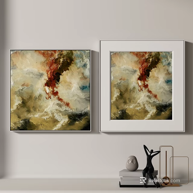 Two Abstract Paintings With Vibrant Colors And Black White Frames On Wall 3d model 