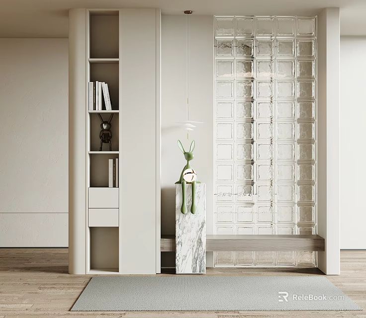 Modern Entryway Hallway With Glass Block Wall Wooden Shelves And Marble Bench 3d model 