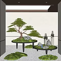Indoor Garden Decor Featuring Bonsai Pine Tree Circular Platforms And Moss Stones 3d model