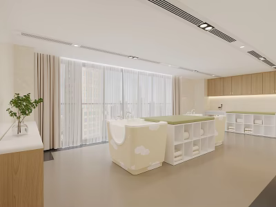 Modern Beauty Salon Open Interior With Wooden Cabinets White Sofa Green Plants Large Windows Curtains 3d model