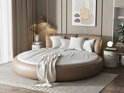 Modern Round Bed Bedroom with Beige Headboard White Sheets Blanket Nightstand Lamp and Wall Art 3d model