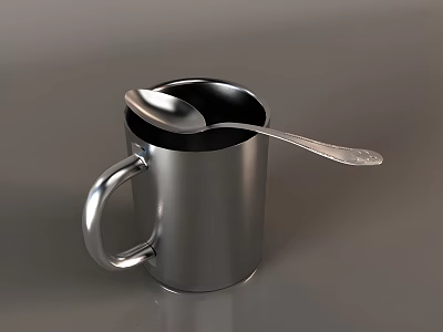 Shiny Silver Metal Mug With Spoon Placed Inside On Gray Surface 3d model