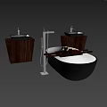 Black Round Bathtub With Wooden Tray And Two Dark Wood Vanities With Black Basins