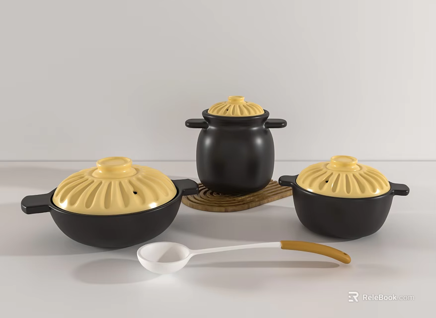Black and Yellow Ceramic Kitchenware Set with Lids and Serving Spoon 3d model 