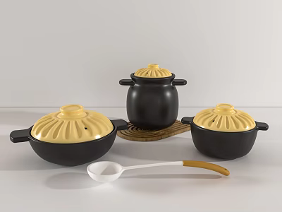 Black and Yellow Ceramic Kitchenware Set with Lids and Serving Spoon 3d model