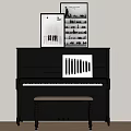 Black Piano with Framed Artwork and Wooden Bench in Modern Interior