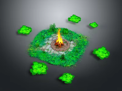 Wood And Stone Fire Pit Area With Greenery And Circular Patio Design 3d model