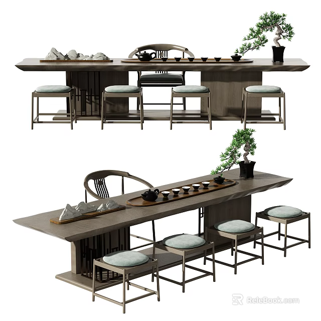 Modern Tea Table and Stools Set with Ceramic Teacups and Potted Plant 3d model