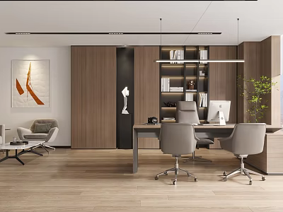 Modern Office Interior Design Featuring Wooden Elements Desk Chairs Bookshelf Sofa and Abstract Art 3d model