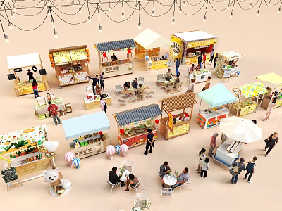 Mall Shops With Food Retail Stalls Customers Dining And Outdoor Seating Areas 3d model