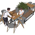 Modern Wooden Dining Table Set With Gray Chairs Green Plant And People Interacting