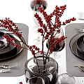 Elegant Dinnerware Set With Black Plates Bowls Cutlery Wine Glasses Napkins And Red Berries Vase