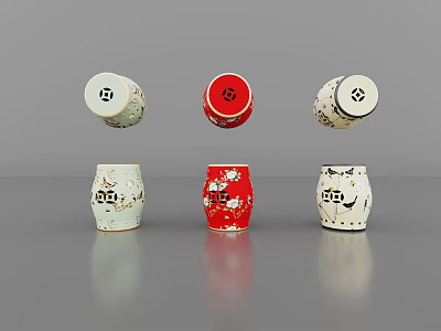 Ceramic Decorative Stools With Red White Colors And Intricate Patterns For Home Decor 3d model