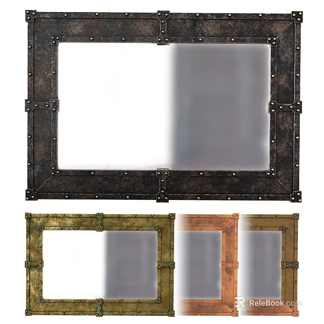 Vintage Decorative Mirrors With Green Brown Metal Frames And Riveted Design 3d model 