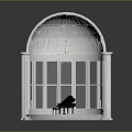 Classic Black Piano in White Arched Structure with Crystal Chandelier and Decorative Windows