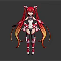 Anime Style Female Character with Red Hair Orange Gradient Horns Red White Battle Outfit Sword
