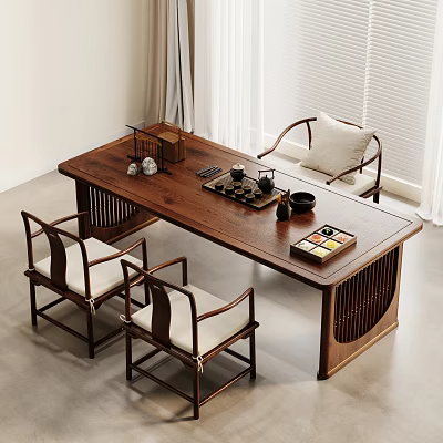 Elegant Chinese Style Wooden Tea Table and Chairs with Tea Set and Upholstered Seats 3d model