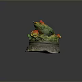 Green Frog Decorative Figurine With Red And Yellow Flowers On Carved Pattern Base