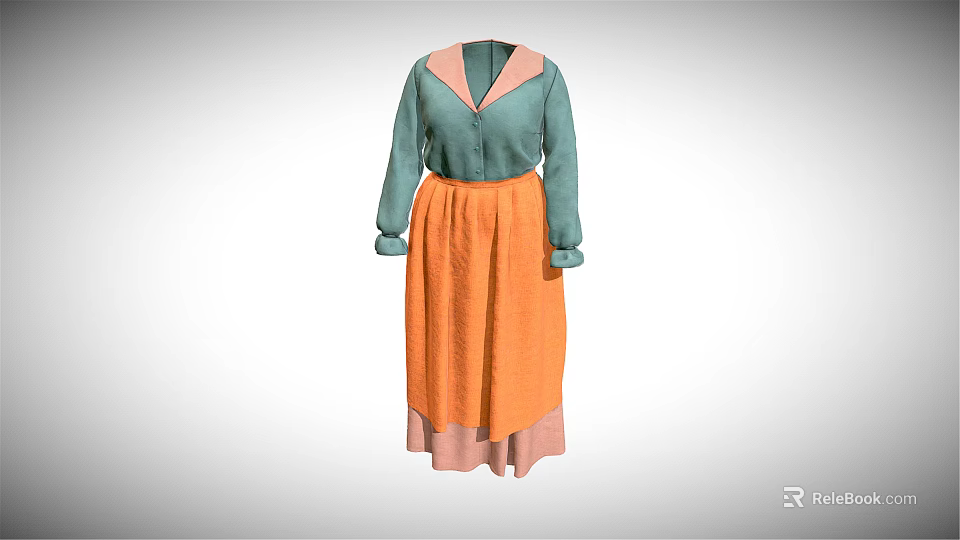 Long Sleeve Turquoise Blouse With Pink Collar Cuffs And Orange Skirt Pink Hem Trim 3d model 
