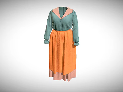 Long Sleeve Turquoise Blouse With Pink Collar Cuffs And Orange Skirt Pink Hem Trim 3d model