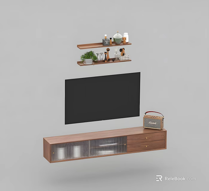 Wooden TV Stand With Glass Doors And Drawers Below Mounted TV And Wall Shelves 3d model 
