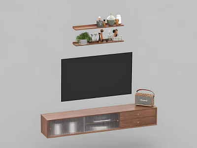 Wooden TV Stand With Glass Doors And Drawers Below Mounted TV And Wall Shelves 3d model