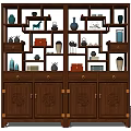 Traditional Chinese Wooden Antique Display Shelf With Vases Tea Sets And Carved Doors