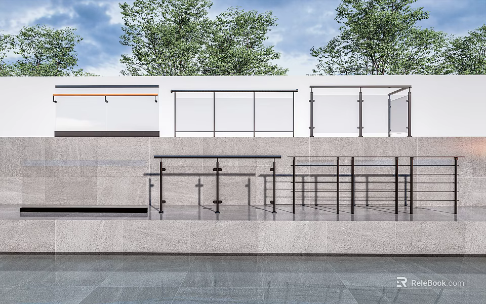 Modern Outdoor Railings With Sleek Metal Structures And Glass Panels In Garden Area 3d model 