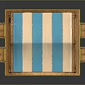 Wooden Market Stall With Blue White Striped Awning Platform And Crates