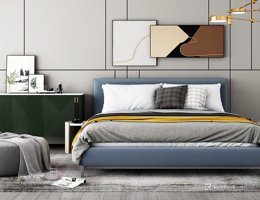 Blue Bed with White Gray Pillows Yellow Blanket Green Cabinet Decorative Paintings and Golden Light 3d model 