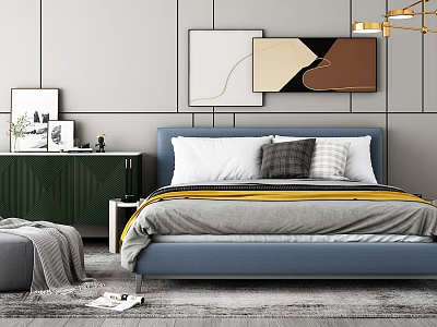 Blue Bed with White Gray Pillows Yellow Blanket Green Cabinet Decorative Paintings and Golden Light 3d model
