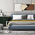 Blue Bed with White Gray Pillows Yellow Blanket Green Cabinet Decorative Paintings and Golden Light