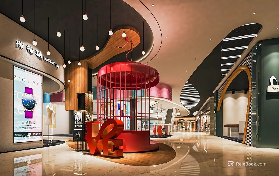 Modern Shopping Mall Lobby With Red Circular Installation Wooden Decor Hanging Lights And Marble Floor 3d model 