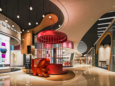 Modern Shopping Mall Lobby With Red Circular Installation Wooden Decor Hanging Lights And Marble Floor 3d model