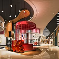 Modern Shopping Mall Lobby With Red Circular Installation Wooden Decor Hanging Lights And Marble Floor
