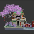 Cartoon Scenery With Purple Cherry Blossom Tree Green Traditional Building Red Bridge And Pond