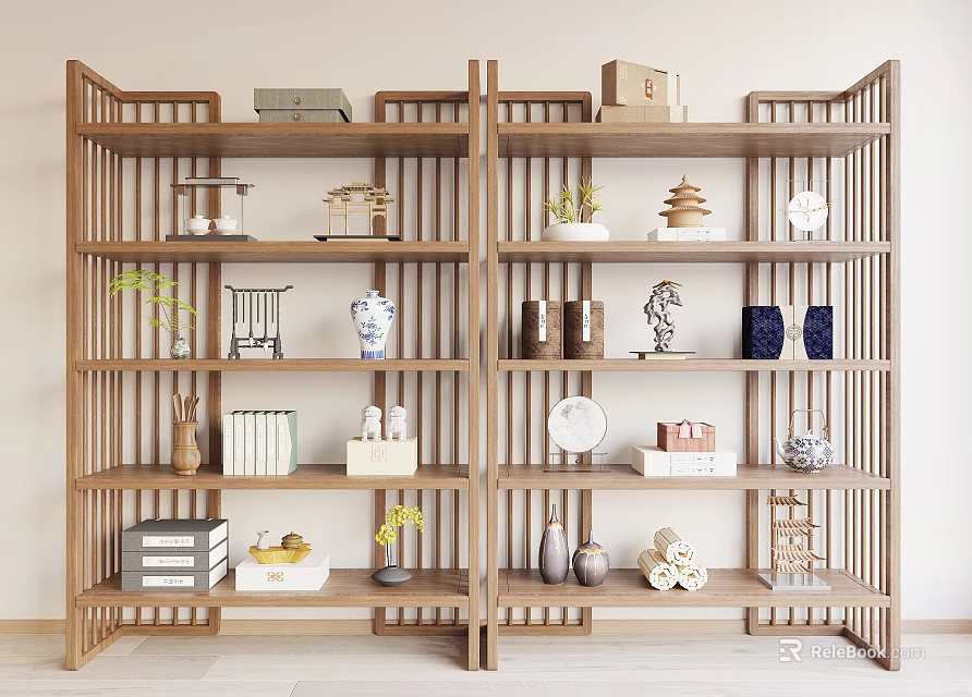 Natural Wooden Storage Shelves With Multiple Layers Holding Books Vases And Decorative Ornaments 3d model 