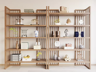 Natural Wooden Storage Shelves With Multiple Layers Holding Books Vases And Decorative Ornaments 3d model