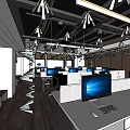 Modern Public Office Space With Desks Computers Ergonomic Chairs And Pendant Lights
