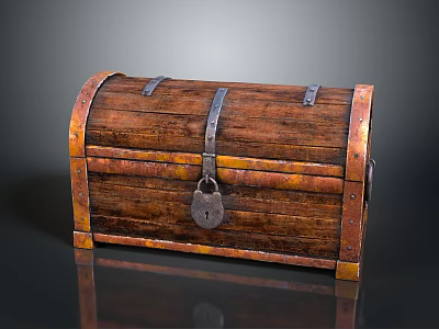 Vintage Wooden Chest With Metal Bands Brass Corners And Lock 3d model