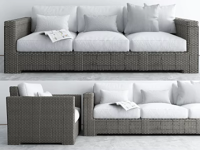 Dark Rattan Sofa Set With White Cushions And A Book On It 3d model