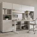 Modern Home Office Interior With White Bookshelves Desk Chair Books And Potted Plant